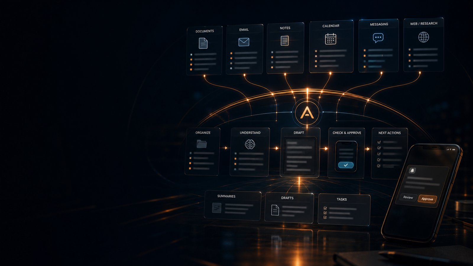 A dark digital Apex workflow showing files, notes, calendar, phone approvals, drafts, tasks, and summaries connected into one private helper.